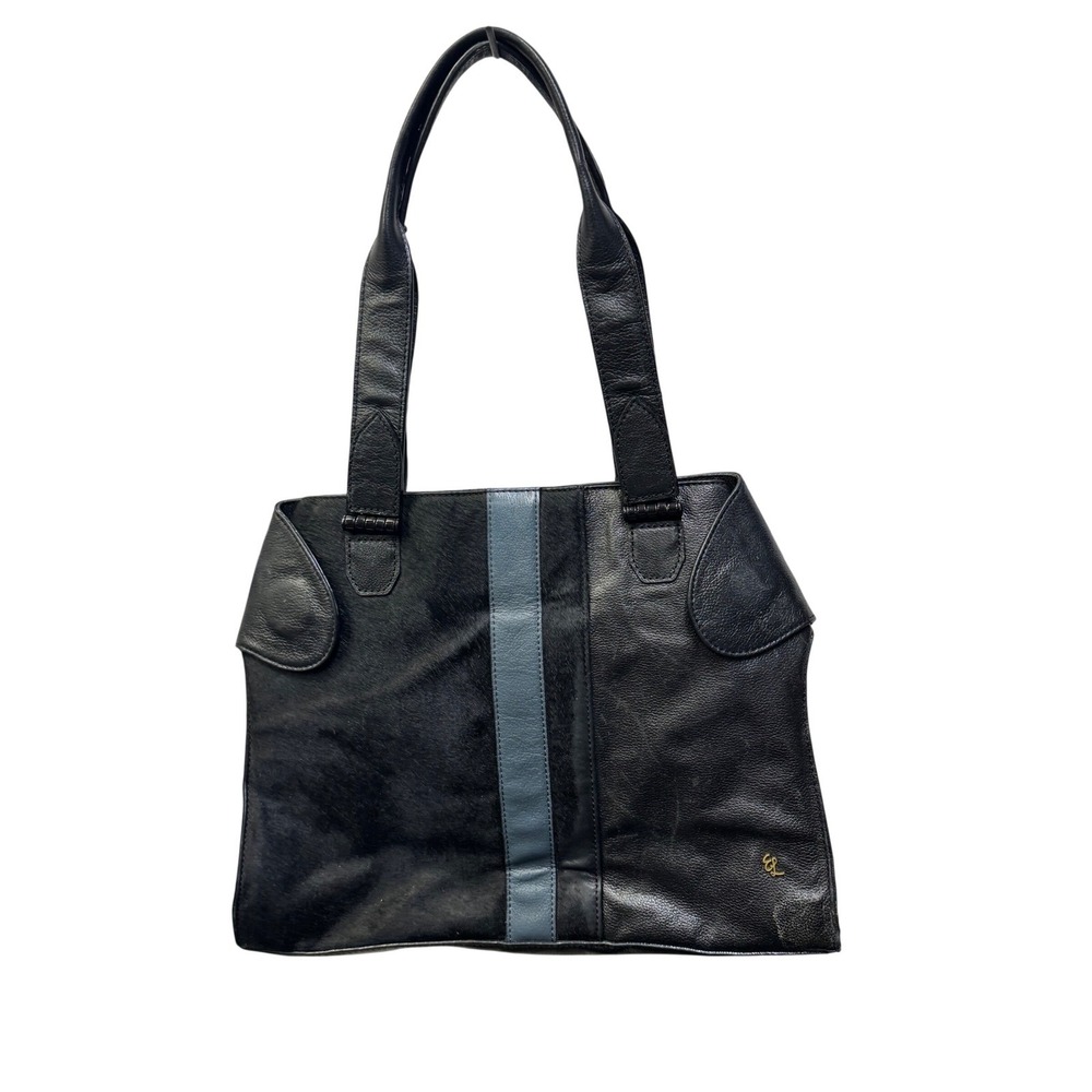 Elliott Lucca Black Leather Hair-On-Hide Tote Bag Vintage Large Shoulder Bag"